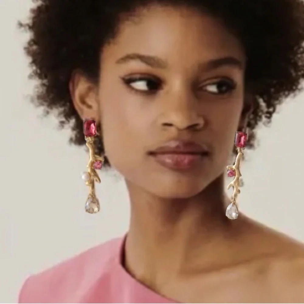 OSCAR de la RENTA Gold Pink Crystal Pearl Flora Branch Drop Earrings Branch